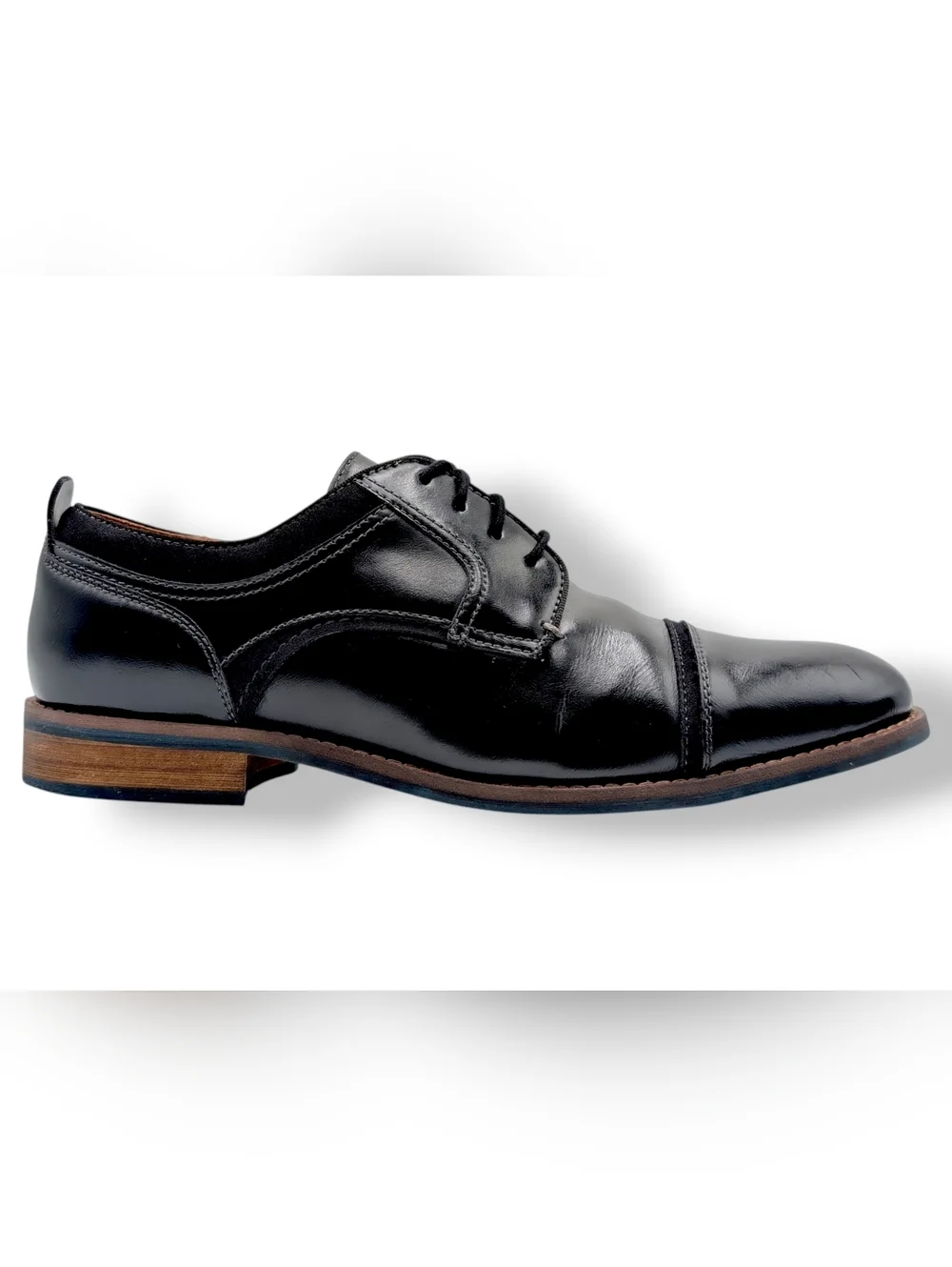 Dockers Men Sz 9.5 Black High-Quality Cap-Toe Oxfords Brown Trim Cushion Footbed